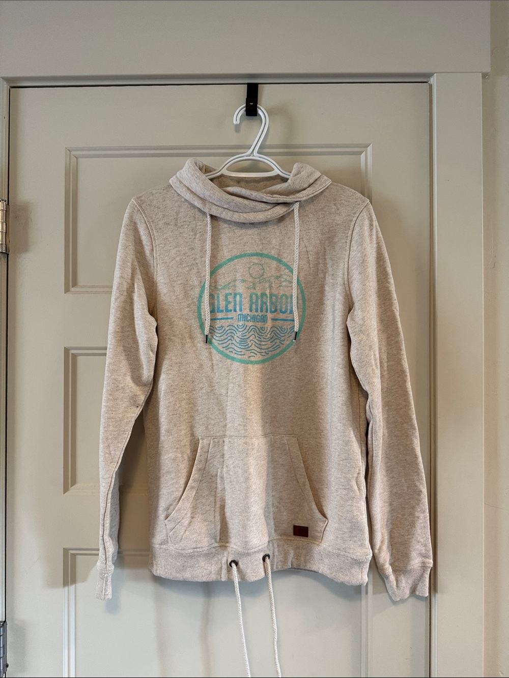 Heathered Cream Cowl Hoodie with Aqua Graphic